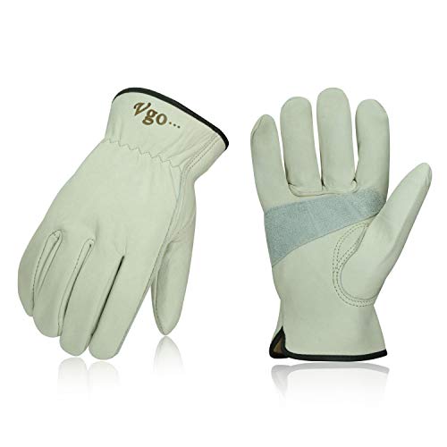 Product Cover Vgo 3Pairs Unlined Cow Grain Leather Work and Driver Gloves with Cow Split Leather Palm Patch(Size XL,Light Cyan,CA9590)