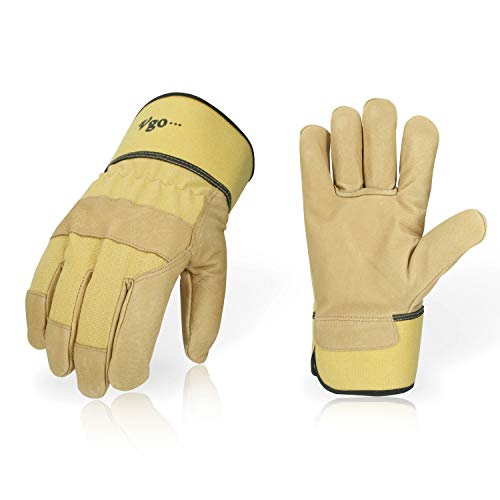 Product Cover Vgo... 3 Pairs Pig Grain Leather Men's Work Gloves with Safety Cuff (Size L,Brown,PA3501)