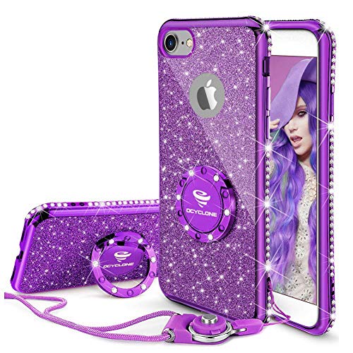 Product Cover Cute iPhone 8 Case, Cute iPhone 7 Case, Glitter Luxury Bling Diamond Rhinestone Bumper with Ring Grip Kickstand Protective Thin Girly iPhone 8 Case/iPhone 7 Case for Women Girl - Purple