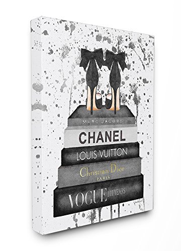 Product Cover Stupell Industries Glam Fashion Book Stack Grey Bow Pump Heels Ink Stretched Canvas Wall Art, Proudly Made in USA