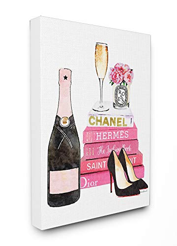 Product Cover Stupell Industries Glam Pink Fashion Book Champagne Hells and Flowers Stretched Canvas Wall Art, Proudly Made in USA
