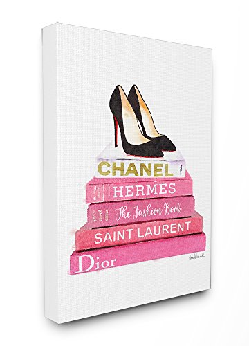 Product Cover Stupell Industries Glam Pink Fashion Books Black Pump Hells Stretched Canvas Wall Art, Proudly Made in USA