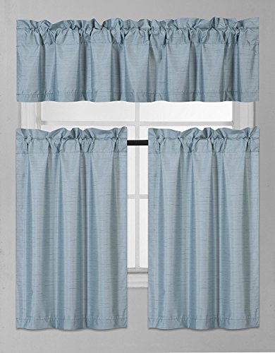 Product Cover Elegant Home Collection 3 Piece Solid Color Faux Silk Blackout Kitchen Window Curtain Set with Tiers and Valance Solid Color Lined Thermal Blackout Drape Window Treatment Set #K3 (Slate Blue)