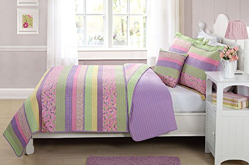 Product Cover Elegant Home Multicolor Purple Yellow Green Pink Fun Striped With Butterflies Printed Reversible Cozy Colorful 4 Piece Quilt Full Size Bedspread Set with Decorative Pillow for Kids / Girls (Full)
