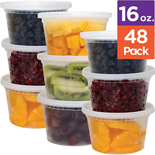 Product Cover Stack Man [48 Pack, 16 oz] Plastic Deli Food Storage Soup Containers With Airtight Lids, Freezer Safe | Meal Prep | Stackable | Leakproof | BPA Free, Clear