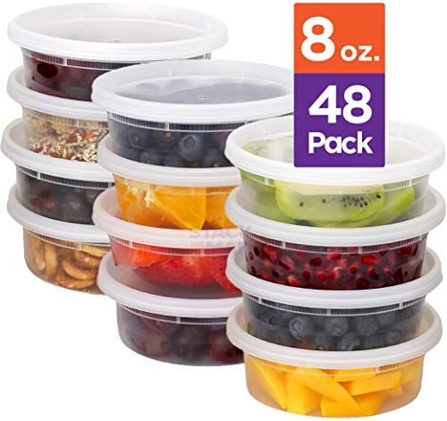 Product Cover Stack Man [48 Pack, 8 oz] Plastic Deli Food Storage Slime Containers With Airtight Lids, Freezer Safe | Meal Prep | Stackable | Leakproof | BPA Free, Clear