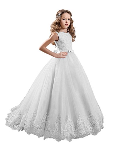 Product Cover KissAngel White Long Lace Flower Girl Dresses Champagne Less Party Dress (3, White All)