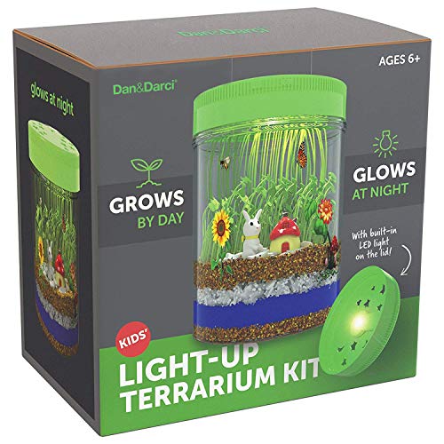 Product Cover Light-up Terrarium Kit for Kids with LED Light on Lid - Create Your Own Customized Mini Garden in a Jar That Glows at Night - Great Science Kits - Gardening Gifts for Children - Kids Toys - Dan&Darci