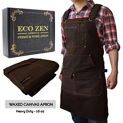 Product Cover Woodworking Shop Apron - 16 oz Waxed Canvas Work Aprons | Waterproof, Fully Adjustable to Comfortably Fit Men and Women Size S to XXL | Tough Tool Apron to Give Protection and Last a Lifetime (Brown)