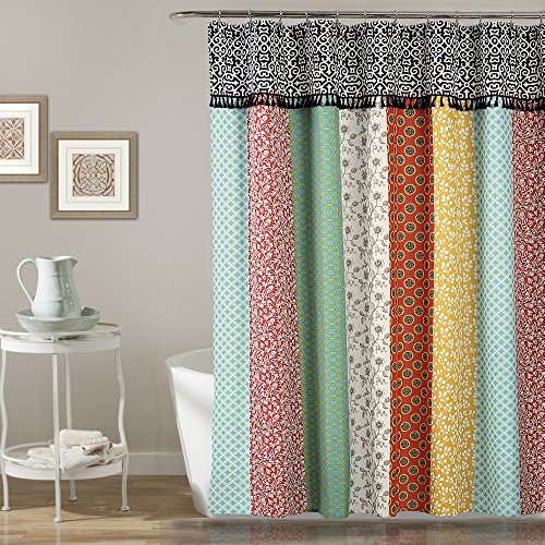 Product Cover Lush Decor Boho Patch Shower Curtain-Fabric Bohemian Colorful Print Vertical Stripe Design with Tassels, 72
