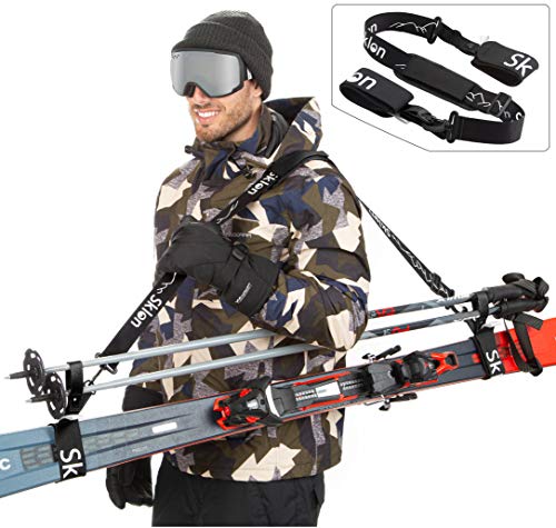 Product Cover Sklon Ski Strap and Pole Carrier | Avoid The Struggle and Effortlessly Transport Your Ski Gear Everywhere You Go | Features Cushioned Shoulder Sling | Great for Families - Men, Women and Kids - Black