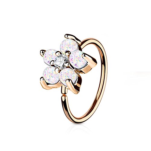 Product Cover Rose Gold IP Plated Opal Glitter Set Flower Petals CZ Center 316L Surgical Steel WildKlass Hoop Ring for Nose & Ear Cartilage (White)