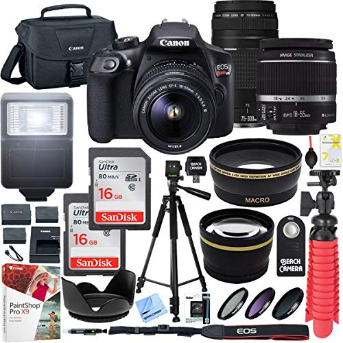 Product Cover Canon T6 EOS Rebel DSLR Camera with EF-S 18-55mm f/3.5-5.6 IS II and EF 75-300mm f/4-5.6 III Lens and SanDisk Memory Cards 16GB 2 Pack Plus Triple Battery Accessory Bundle