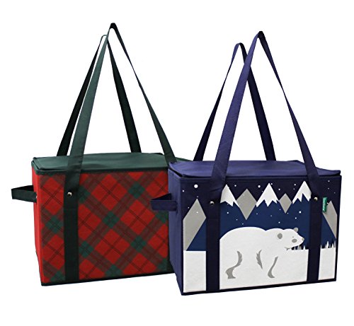 Product Cover Earthwise Insulated Reusable Grocery Bag Shopping Box with Reinforced Bottom Panel and Zipper Top Lid with Extra Side Handles for Easy Lifting Xmas Christmas (Set of 2) (Plaid/Polar Bear)