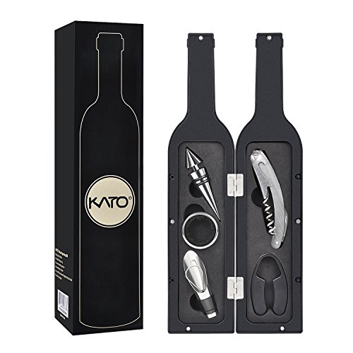 Product Cover Kato Wine Accessories Gift Set - Wine Bottle Corkscrew Opener Kit, Drip Ring, Foil Cutter and Wine Pourer and Stopper in Novelty Bottle-Shaped Case for Wine Lover Gift, Black