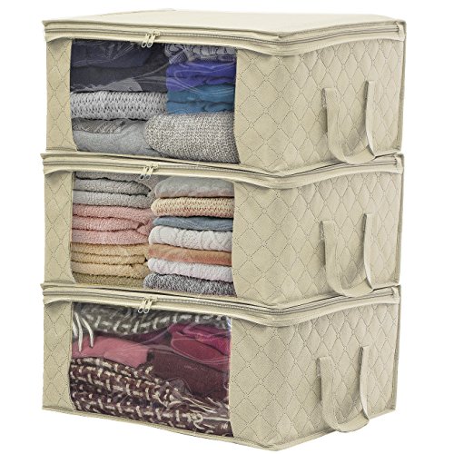Product Cover Sorbus Foldable Storage Bag Organizers, Large Clear Window & Carry Handles, for Clothes, Blankets, Closets, Bedrooms, and More (3 Pack, Beige), 1 Section