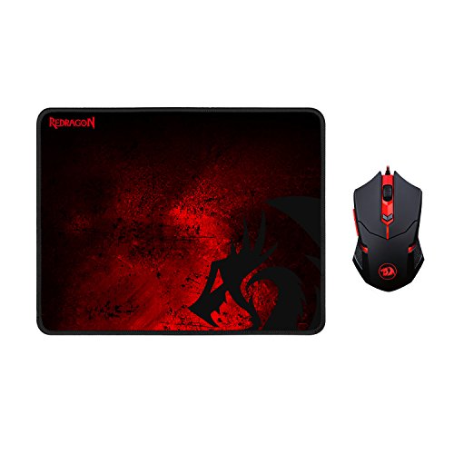 Product Cover Redragon M601-BA Gaming Mouse and Mouse Pad Combo, Ergonomic Wired MMO 6 Button Mouse, 3200 DPI, Red LED Backlit & Large Mouse Pad for Windows PC Gamer (Black Wired Mouse & Mousepad Set)