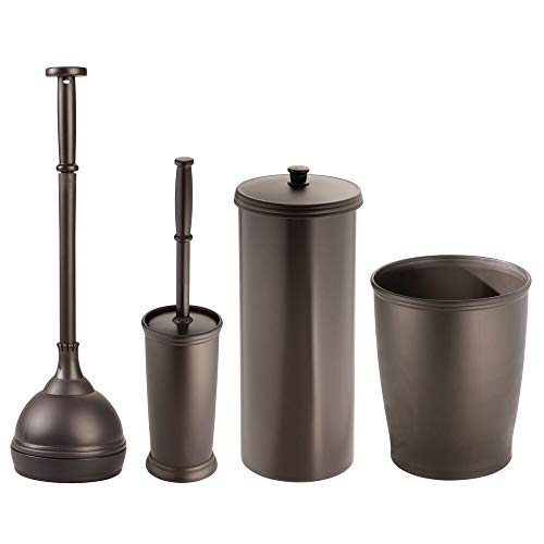 Product Cover mDesign Modern Plastic Bathroom Storage and Cleaning Accessory Set - Includes Toilet Plunger, Bowl Brush, 3-Roll Toilet Paper Canister with Lid, Wastebasket Trash Can/Garbage Bin - 4 Pieces - Bronze