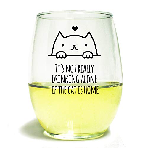 Product Cover Its Not Drinking Alone if the Cat is Home 15 Ounce Stemless Wine Glass, Cartoon Outline, Present for Mom Friend Birthday Gift Cat Lovers Rejoice