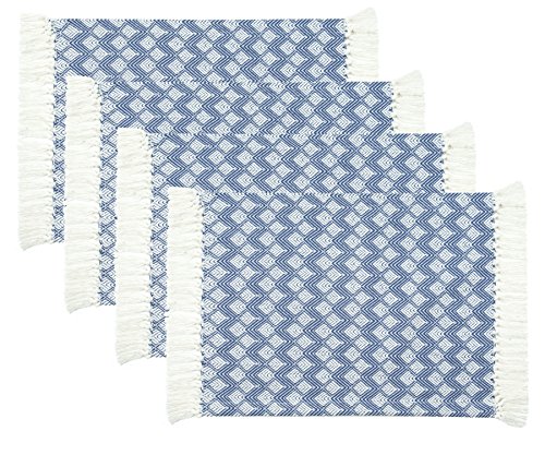 Product Cover Sticky Toffee Cotton Woven Placemat Set with Fringe, Scalloped Diamond, 4 Pack, Blue, 14 in x 19 in