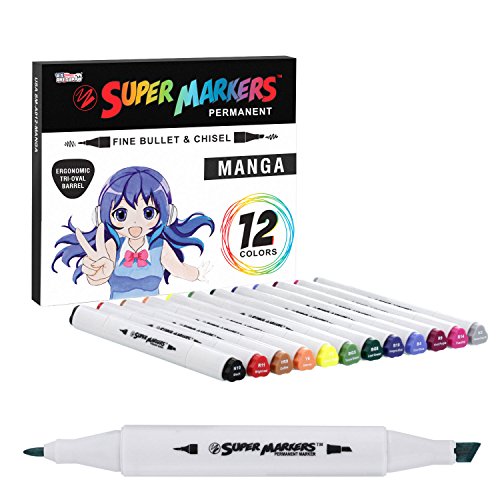 Product Cover 12 Color Super Markers Primary Manga Tones Dual Tip Set - Double-Ended Permanent Art Markers with Fine Bullet and Chisel Point Tips - Ergonomic Tri-Oval Barrels - Illustration, Sketch Comics, Anime