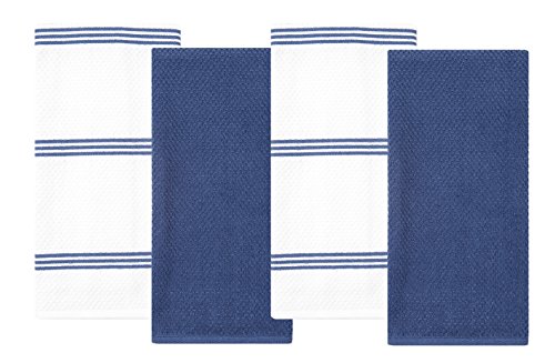 Product Cover Sticky Toffee Cotton Terry Kitchen Dish Towel, 4 Pack, 28 in x 16 in, Dark Blue Stripe