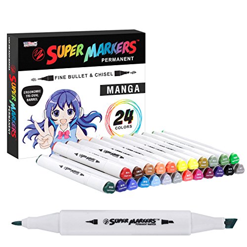 Product Cover 24 Color Super Markers Primary Manga Tones Dual Tip Set - Double-Ended Permanent Art Markers with Fine Bullet and Chisel Point Tips - Ergonomic Tri-Oval Barrels - Illustration, Sketch Comics, Anime