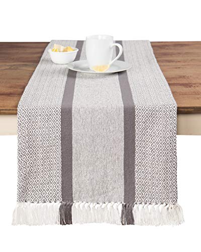 Product Cover Sticky Toffee Cotton Woven Table Runner with Fringe, Traditional Diamond, Gray, 14 in x 72 in