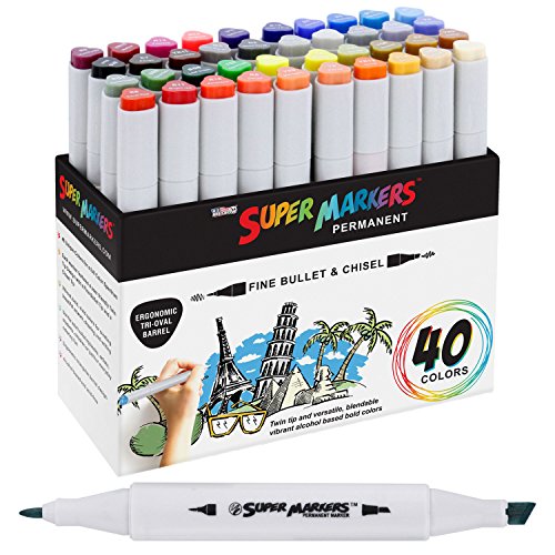 Product Cover 40 Color Super Markers Primary Tones Dual Tip Set - Double-Ended Permanent Art Markers with Fine Bullet and Chisel Point Tips - Ergonomic Tri-Oval Barrels - Draw, Sketch, Illustrate, Render, Manga