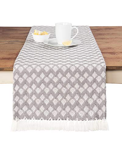 Product Cover Sticky Toffee Cotton Woven Table Runner with Fringe, Scalloped Diamond, Gray, 14 in x 72 in