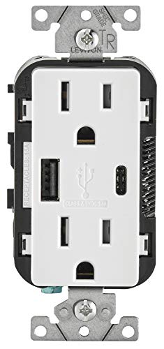 Product Cover Leviton T5633-W 15-Amp Type A & Type-C USB Charger/Tamper Resistant Outlet, Compatible with Apple Devices, Samsung Devices, Google Devices and More - Not for Laptops, White