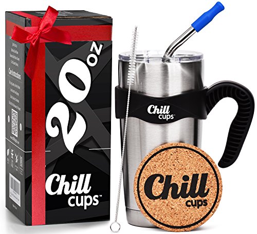 Product Cover Insulated Travel Coffee Thermal Mug - 20 oz Double Wall Vacuum Drinking Stainless Steel Tumbler Cup with Spill Proof Lid, Handle and 8mm Straw - Silicone Tip - Free Bonus Coaster by Chill Cups