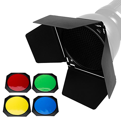Product Cover Godox BD-04 Barn Door and Honeycomb Grid and 4 Color Gel Filters (Red Yellow Blue Green) Compatible for Standard Reflector