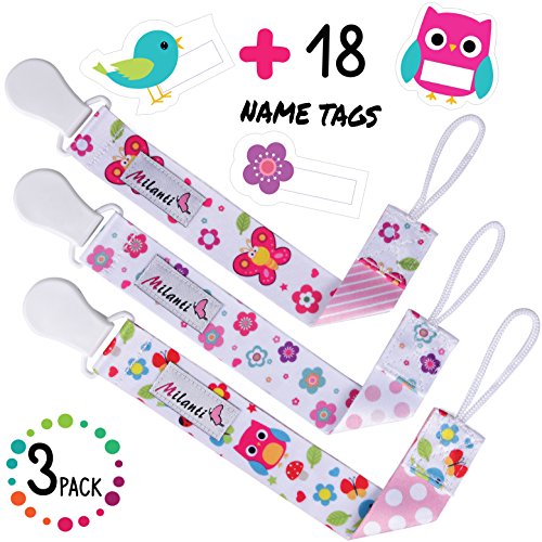 Product Cover Pacifier Clip for Girls, Pack of 3 by Milanti + 18 Name Tags Labels, Premium Quality Fun Designs Universal Holder Leash for Pacifiers, Teething Toy or Soothie, Baby Shower Gift Set