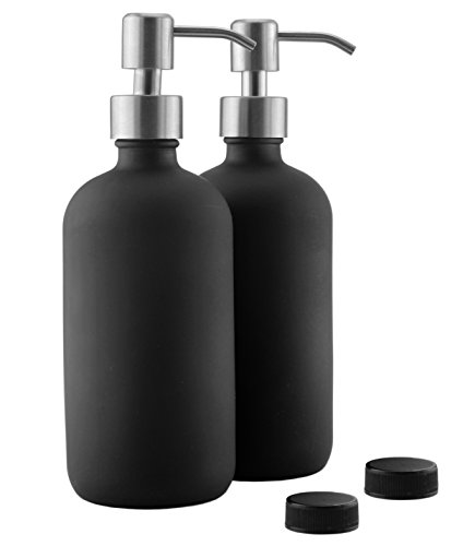 Product Cover 16oz Black Glass Bottles w/Stainless Steel Pumps (2-Pack); Black Coated Boston Round; Lotion & Soap Dispensers
