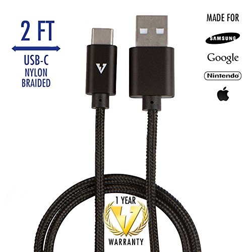 Product Cover vCharged USB-C Nylon Braided Cable for Galaxy, Pixel, Android, Nintendo, High Speed Performance & Durable Cord, 2 Ft, Black