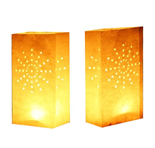 Product Cover 24 Pack Luminary Bags - Sunburst Design Candle Bags - Flame Resistant Light Holder - Candleholders Decorations for Wedding, Halloween, Birthday, New Year, Party and Event Occasion - White (Sunburst)