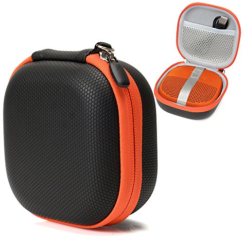 Product Cover Hard Protective Case for Bose SoundLink Micro Bluetooth Speaker by CaseSack, mesh Pocket for Cable and Other Accessories, Elastic Strap to Secure The Speaker (Black with Orange Zipper)