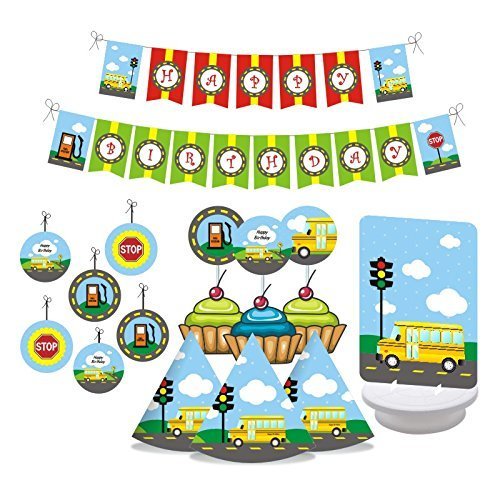 Product Cover W&N Distribution Wheels on The Bus Birthday Party Decorations. Includes Party Hats, Centerpieces, Bunting Banner, Danglers and Cupcake Toppers