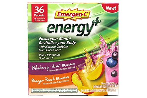 Product Cover Emergen-C Energy+ Supplement Drink Mix with Caffeine, Blueberry-Acai, Mango-Peach, Variety Box, 36 Count - Focus Your Mind & REVITALIZE Your Body*