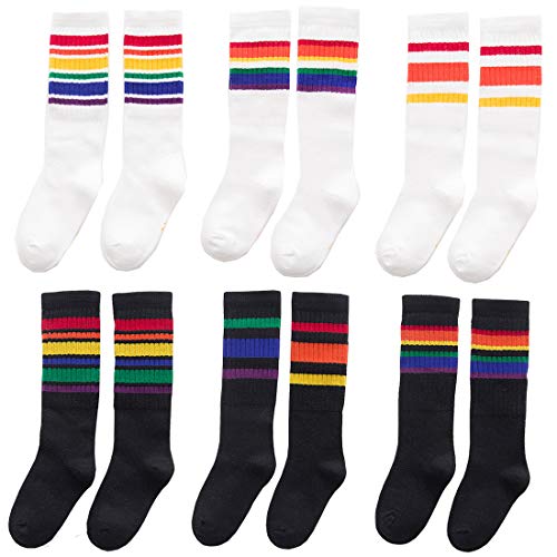 Product Cover Xiyadun 6 Pairs Unisex Toddler & Childs Cotton Knee High Calf Stripe Athletic Tube Socks(M for 3-5y,Rainbow)
