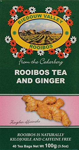 Product Cover Rooibos & Ginger(12%): 40 Bag Count 3.5oz. 100% Natural Original South African Healthy Herbal Tea. Caffeine and Calorie Free, Antioxidant & Mineral Rich. Grown at High Altitude in Natural Habitat.