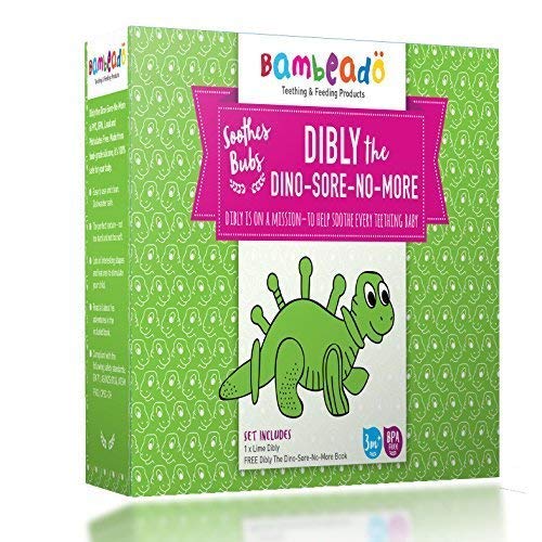Product Cover Baby Teether Toy and Training Toothbrush: Dibly - The Dino-Sore-No-More Baby Teething Toy by Bambeado. Our BPA Free Teethers Help take The Stress Out of Teething Plus Make Learning to Brush Fun!