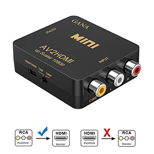 Product Cover RCA to HDMI, AV to HDMI,GANA 1080P Mini RCA Composite CVBS AV to HDMI Video Audio Converter Adapter Supporting PAL/NTSC with USB Charge Cable for PC Laptop Xbox PS4 PS3 TV STB VHS VCR Camera DVD