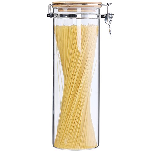Product Cover KKC Tall Glass Pasta Storage Container with Hinged Lid,Glass Spaghetti Storage Jar Airtight Lid,Tall Pasta Spaghetti Glass Kitchen Canister,Noodle Holder Container with Bamboo Lid,68 Floz