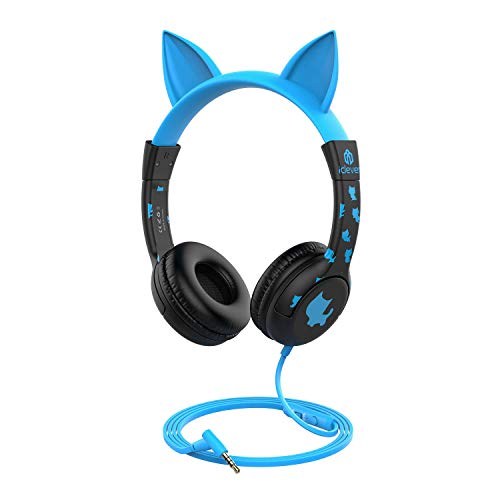Product Cover [Upgrade] iClever Kids Headphones Boys - Cat Ear Hello Kitty Wired Headphones for Kids with MIC, Adjustable 85/94dB Volume Control - Toddler Headphones on Ear for School School Tablet, Black/Blue