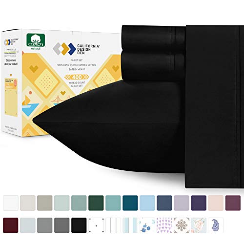 Product Cover California Design Den 400 Thread Count 100% Cotton Sheet Set, Black Full Sheet Set 4 Piece Set, Long-Staple Combed Pure Natural Cotton Bedsheets, Breathable, Soft Sateen Weave Sheets Set