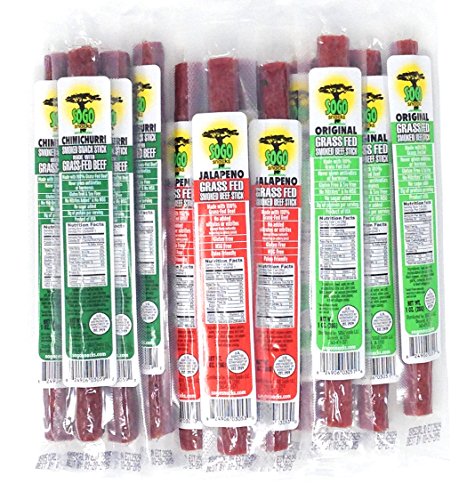 Product Cover No Sugar Variety, 100% Grass-fed/finished, Non-GMO Beef Sticks. No Added Nitrates, Gluten, Soy, MSG, Dairy or Nuts. Keto, Whole30 & Paleo. (4 Original, 4 Chimichurri, 4 Jalapeno, 12-Cnt, 1-oz Sticks)
