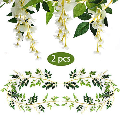 Product Cover Greentime 2Pcs Artificial Flowers 6.6ft/Piece Silk Wisteria Ivy Vine Green Leaf Hanging Vine Garland for Wedding Party Home Garden Wall Decoration