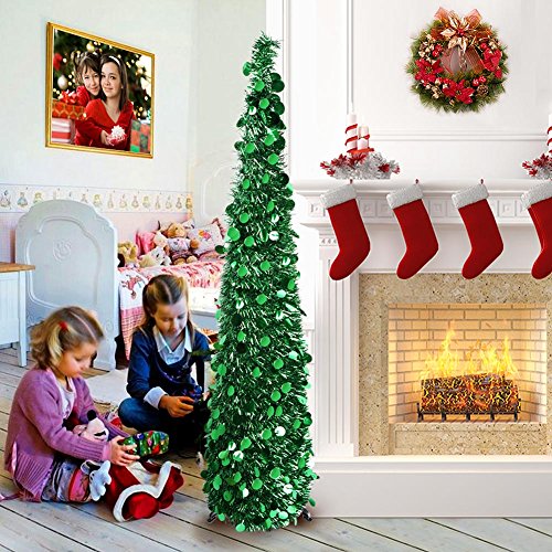Product Cover AerWo 5ft Pop Up Christmas Tinsel Tree with Stand, Gorgeous Collapsible Artificial Christmas Tree for Christmas Decorations, Green